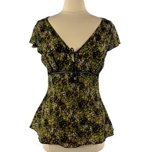 Calvin Klein Green & Brown Flutter Sleeve Blouse w/Keyhole Sz M.